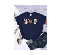 (Dark Blue, M) Peace Love Coffee Prints Women Tshirts Cotton High Quality T-Shirts Brand Breathable Tees Shirts Street O-Neck Tshirt For Women