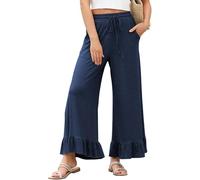 ,dark blue,M,Women's Summer Ruffled Nine-point Pants, Wide Leg Pants Thin Loose Casual Home Breathe Trousers, Wearable Outside