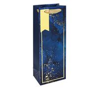 Dark Blue Marble Bottle Gift Bag - 35cm x 12.5cm x 9cm - Elegant Paper Wine Bag with Rope Handles & Tag for Birthdays, Weddings & Celebrations