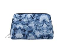 Dark Blue Marble Print Leather Cosmetic Pouch, Leather Makeup Bag for Purse with Top Zip Closure Stylish Toiletry Bag