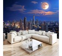 Dark Blue Modern Wildflowers Wallpaper - Night Sky City Architecture Print Paste The Paper Application, 400 x 280 cm for Walls Living Room Lounge Bedroom Hallway Feature Wall