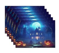 Dark Blue Moon Pumpkin Printed Placemats Set Of 4Pcs For Halloween Party,Haunted Building Pattern Place Mats 45X30 Cm Anti Slip Table Mats,Waterproof Placemats Oil Proof Washable