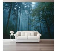 Dark Blue Natural Scenery Forest Wall Mural Wallpaper for Living Room, Misty Forest Giant Trees Non-Woven Photo Wallpaper, 3D Effect Mural Wall Art Decoration for Bedroom Dining Room, 350x256 cm