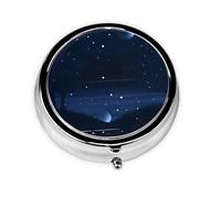 Dark Blue Night View Round Mini Pill Box: 3-Compartment Portable Metal Pill Organizer with Snap Closure, Ideal for Daily Travel Use