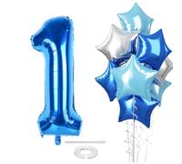 Dark Blue Number 1 Balloons, Big Light Royal Blue Silver Star One Balloon, 40 Inch Foil Pastel Teal Metallic Sky Blue Self Inflating 1 Mylar Balloon for Boys 1st Birthday Party Baby Shower Decoration