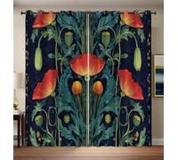Dark Blue Orange Art Nouveau 95% Blackout Curtains for Bedroom 2 Panels Symmetry Poppies Black Out Curtains for Living Room Grommet Thermal Insulated Room Darkening Window Drapes, 90.2 x 90.2 Inch