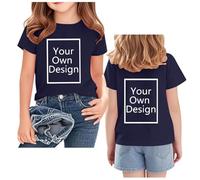 Dark Blue Personalised Kids T Shirt,Create Your Own Design with Any Favorite Photo, Any Text Boys Girls Top Tee Customised Gifts for Birthday Festival Class Team Activities T-Shirts 2-3 Years