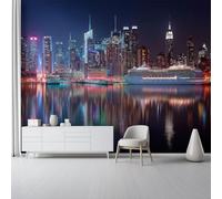 Dark Blue Photo Wallpaper 200 x 140 cm, Non-Woven Premium Art Print Fleece Wall Mural, Neon Lights Modern City Architecture for Living Room Kitchen Interior Bedroom Accessories