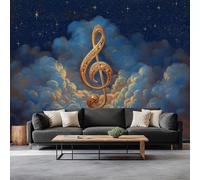 Dark Blue Print Mural Wallpaper - Elegant Cloud Fantasy Musical Note Non-Woven Photo Wallpaper, Premium Art Wall Mural Decor for Living Room Kids' Bedroom & Home Interiors, W 300 x H 210 cm