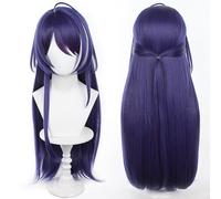 Dark Blue Purple Mixed White Long Straight with Bangs Heat Resistant Synthetic Costume Hairs for Women Halloween Comic Con Replacement Wigs