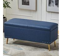 Dark Blue Rectangular Faux Leather Pouf with Storage Padded Ottoman Footrest for Living Room Bedroom Entryway Hallway 100x40x45cm (39x16x18inch)