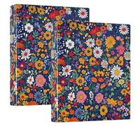 Dark Blue Retro Flower Design 3 Ring Binders 1 1/2 Inch, Holds 200 Sheets, Recipe Folders with Floral Round Rings, 12.4 x 10.6 x 2.36 Inch, Pack of