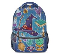 Dark Blue Retro Magic Theme Printed Backpack - Starry Wizard Hat School Bookbag - Casual Travel Daypack for Kids, Teens, Men & Women (print 4)