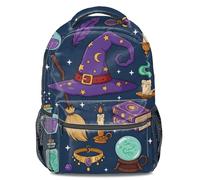 Dark Blue Retro Magic Theme Printed Backpack - Starry Wizard Hat School Bookbag - Casual Travel Daypack for Kids, Teens, Men & Women (print 1)