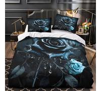 Dark Blue Rose Quilt Cover 3D Design Printed Luxurious 3 Pcs Bedding Set Zipper Artistic Digital Painting Duvet Cover Super Soft Anti-allergic for Kids Adults Women Teens Youth Single（135x200cm）