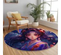 Dark Blue Round Area Rugs for Living Room - Soft Flanell Material, Cartoon Ancient Costume Girl Printed Easy Care Low Pile Carpet, 160 cm Washable Non Slip Circle Rug for Dining Room Lounge Kitchen