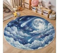 Dark Blue Round Rug 180cm, Machine Washable & Non-Slip Low Pile Night Sky Dreamlike Style Circle Carpet, Soft Full Moon Shooting Star Area Rugs for Bedroom Nursery Kitchen Dinning Room Entryway