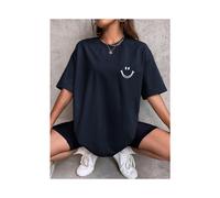 (Dark blue, S) Happy Expression Printed Womens Cotton Short Sleeve Street Hip Hop Tee Clothing All-math Breathable Tops Crewneck Woman T-Shirts
