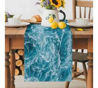 Dark Blue Sea Table Runner 13x90 Inches Long Abstract Cyan Swirling Currents Cotton Linen Table Runner Burlap Style for Dinner Table Party Decor Tabletop Decorations