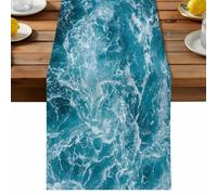 Dark Blue Sea Table Runner, Abstract Cyan Swirling Currents Cotton and Table Linen Runner for Kitchen Dining Home Decor for Party Festival Holiday Decoration Gift 13x108in