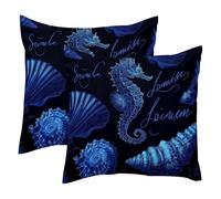 Dark Blue Seahorse Shells 2 Pack Square Throw Pillow Covers Decorative Soft Velvet Pillowcase for Couch Sofa Bed Car Living Room, 40x40cm