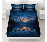 Dark Blue Shrinkage Bedding Snowy Mountain Reflection Starry Sky Forest Deep Pocket Fitted Sheet Fantasy Landscape Surreal Easy Care Majestic Serene Ethereal Fitted Sheet 152 x 200 x 30 Adults