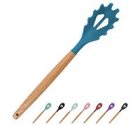 Dark Blue Silicone Pasta Server with Wooden Handle - 12.6 Inch Noodle Spoon and Fork Set, BPA Free