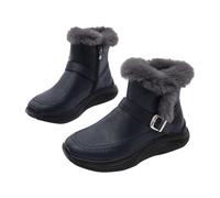 Dark Blue Snow Boots for Women Flat Heel Side Zipper Bootie Faux Leather Winter Boots Fur Lined Warm Outdoor Short Ankle Booties Walking Bootie Waterproof Sherpa Fleece Shoes Footwear UK 5 Clearance