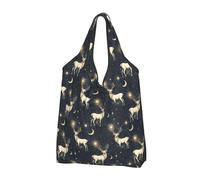 Dark Blue Starry Sky Elk Print Reusable Grocery Bags Shopping Bags - Foldable Grocery Bag Tote Bag with Handles, Black, 3 PCS