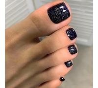 Dark Blue to Silver Glitter Gradient Short Square False Toenails - 5Pcs Self-Adhesive Starry Sky Nail Art Stickers for Women Evening Party Wedding Foot Decor (Cosmic Design, Glitter Particles, Easy