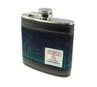 Dark Blue Turquoise Check Harris Tweed 6oz Stainless Steel Pocket Hip Flask