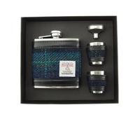 Dark Blue Turquoise Tartan Harris Tweed 6oz Stainless Steel Hip Flask Cup Set