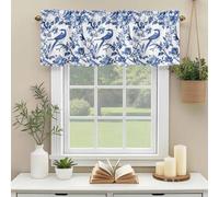 Dark Blue Valances for Windows, Bird Flowers Leaf Botanical Nature Scenery Rustic Rod Pocket Valance Short Window Treatments Curtains for Kitchen Bathroom Bedroom Decor, 54 x 18 Inches