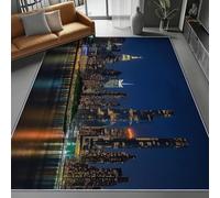 Dark Blue Washable Area Rug 140 x 200 cm, Architectural New York Light Photography Printed Design Short Lint Non-Slip Backing Carpet For Living Room, Open-Plan Lounge Tea Rooms Country Estates Rug