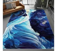 Dark Blue Washable Area Rug 140 x 200 cm, Cartoon Mysterious Waterfall Printed Design Short Lint Non-Slip Backing Carpet For Living Room, Open-Plan Lounge Tea Rooms Country Estates Outdoor Rug