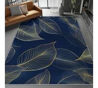Dark Blue Washable Area Rug 80 x 150 cm, Simple Elegant Leaf Lines Printed Design Short Lint Non-Slip Backing Carpet For Living Room, Open-Plan Lounge Tea Rooms Country Estates Outdoor Rug