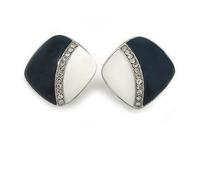 Dark Blue/White Enamel Crystal Square Clip On Earrings In Silver Plating - 20mm Tall