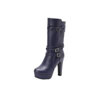 Dark Blue Women Casual Flying Knit Sports Thick Heel One Foot Short Boots for Fall