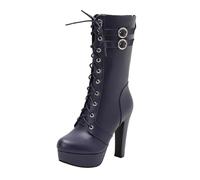 Dark Blue Women Punk Inspired Boots with High Heel and Belt Buckle Lace-Up Strap Great for Cool Weather Ensembles