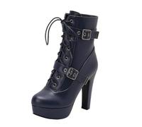 Dark Blue Women Punk Inspired Boots with Thick High Heel and Belt Buckle Lace-Up Strap Great for Cool Weather Ensembles