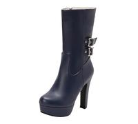 Dark Blue Women Punk Inspired Boots with Thick High Heel and Double Buckle Strap Great for Cool Weather Ensembles