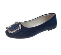 Dark Blue Women's Flat Shoes Solid Color Buckle Flats Shoes Summer Lightweight Round Toe Flats Block Heel PU Pumps Slip On Closed Toe Dress Shoes Daily Dating Commuting Loafers Size 3.5