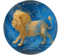 Dark Blue Yellow Round Rug 180cm, Washable Kitchen Non-Slip Soft Bathroom Circle Rug, Mysterious Stars Animal Lion Rugs Print Faux Wool Doormat for Bedside Entrance Bedroom Sink