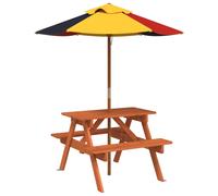 (dark brown and multicolour) vidaXL Picnic Table for 4 Kids with Umbrella Water Play Table Solid Wood Fir