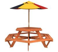 (dark brown and multicolour) vidaXL Picnic Table for 6 Kids with Umbrella Play Table Hexagon Solid Wood Fir