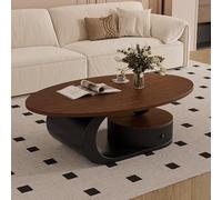 Dark Brown Coffee Table Oval Vintage Style Multi-layer Solid Wood Tea Table Painted Carbon Steel Frame Center Tables with Round Drawers for Home Living Room Office