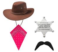 Dark Brown Cowboy Hat and Pink Bandana With Sheriff Badge Moustache Western cap Faux Suede Halloween Fancy Dress Party Costume Outfit Neckscarf Sun Protection Mens Womens