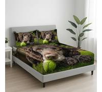 Dark Brown Green Supersoft Fitted Sheet - Easy Care with Elasticated Corners - Cosy & Comfortable Delicate Touch Photorealistic Dog Baseball Lawn Fitted Sheet 135 x 190 x 30 cm - Fade Resistant