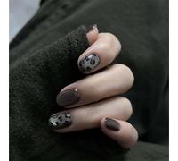 Dark Brown & Grey Leopard Print Glitter Nails with Glossy Finish - Rounded Square Press On False Nails for Women, 24 Pcs, 12 Sizes, Easy Application for Daily Wear, Party & Special Events