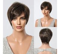 Dark Brown Mixed Copper Highlight Straight Wigs With Bangs Short Cut Synthetic Wigs for Women Daily Lolita Heat Resistant-SS1002-1